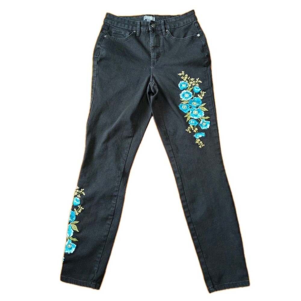 Martha Stewart  Embroidered Straight Leg Zipper Front black Denim Jeans Size 4